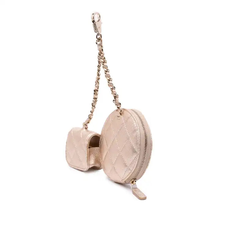 Chanel Metallic Quilted Lambskin Round Clip On Coin Purse Airpods Case