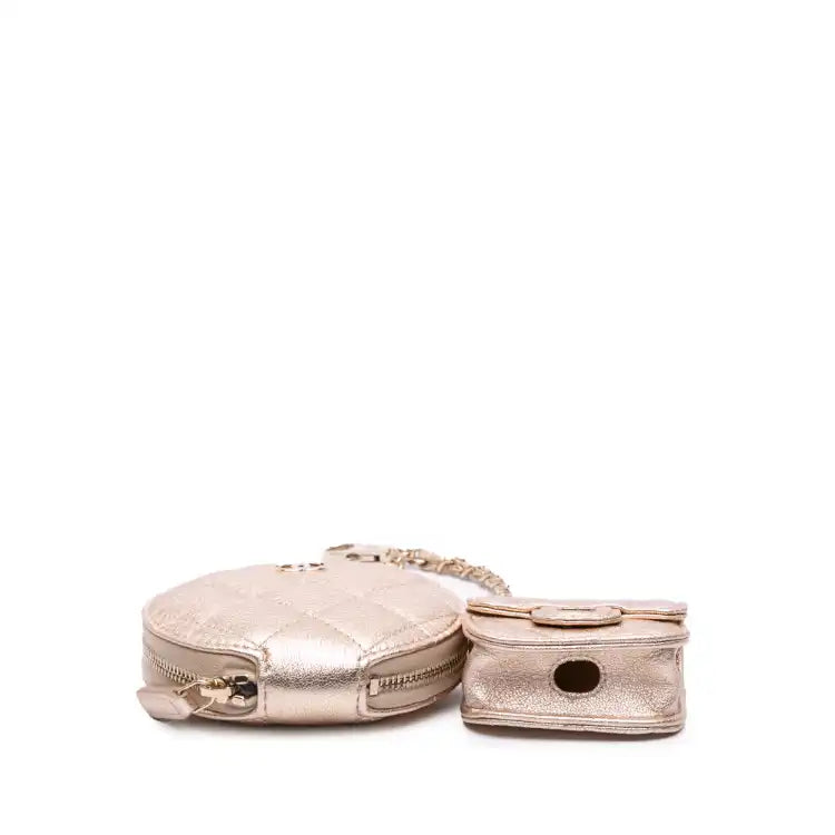 Chanel Metallic Quilted Lambskin Round Clip On Coin Purse Airpods Case