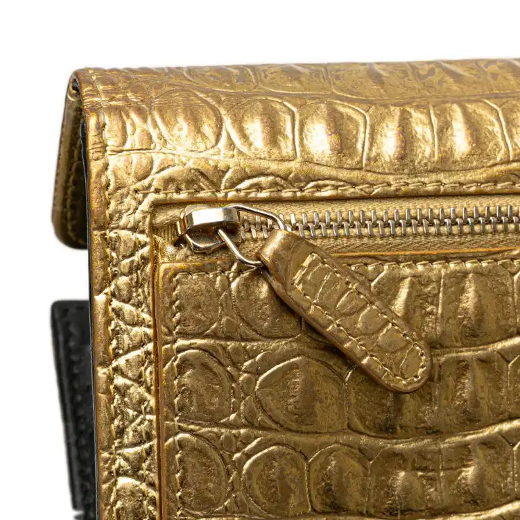 Chanel CC Metallic Calfskin Crocodile Embossed Compact Flap Wallet