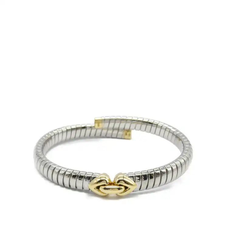 Bvlgari Stainless Steel and 18K Yellow Gold Tubogas Hearts Open Flex Bangle