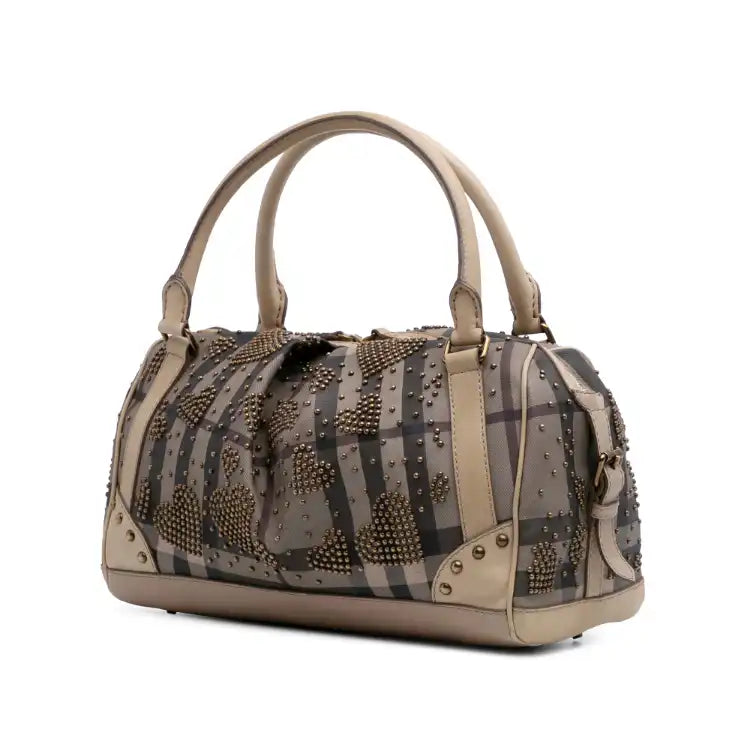 Burberry Smoke Check Coated Canvas Studded Heart Boston Bag