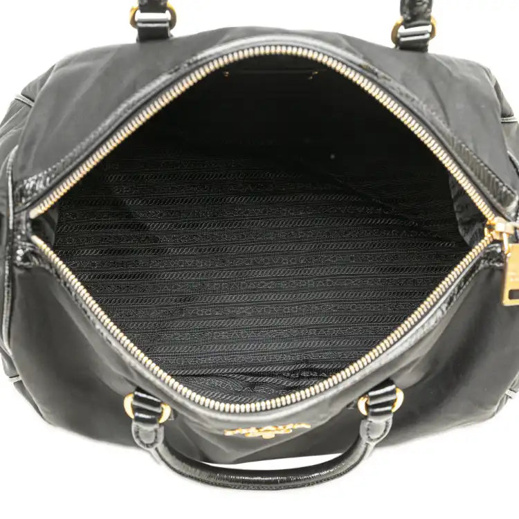 Prada Vernice Trimmed Tessuto Boston Bag