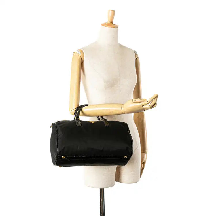 Prada Vernice Trimmed Tessuto Boston Bag