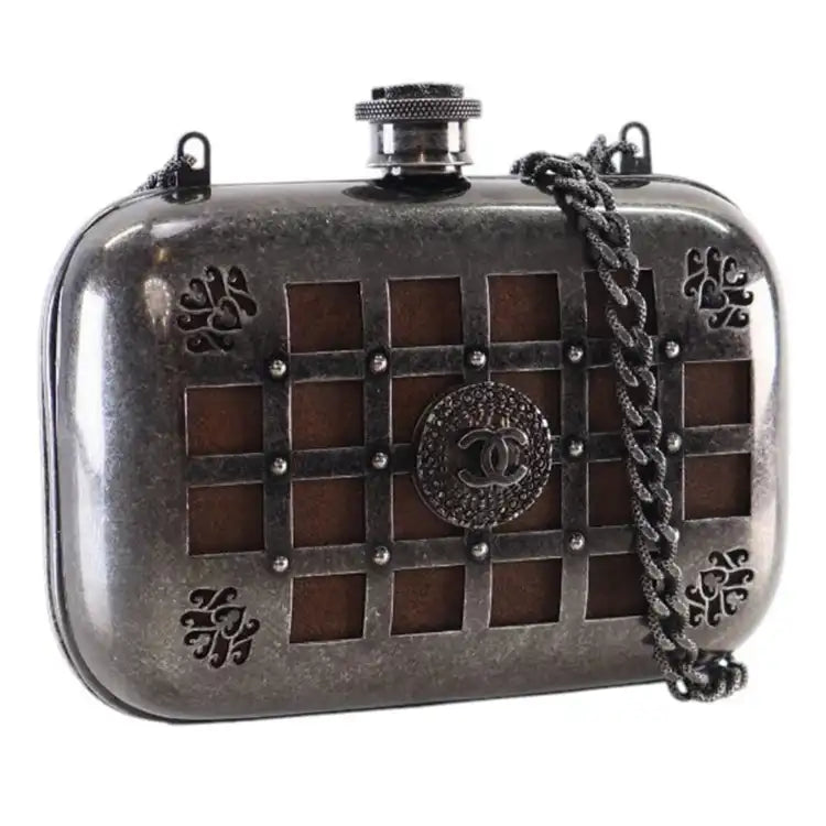 Chanel Paris Edinburgh Mini Gunmetal Grid Cage Clutch on Chain