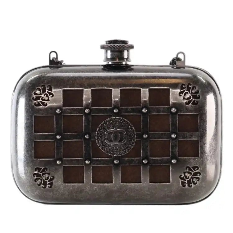 Chanel Paris Edinburgh Mini Gunmetal Grid Cage Clutch on Chain