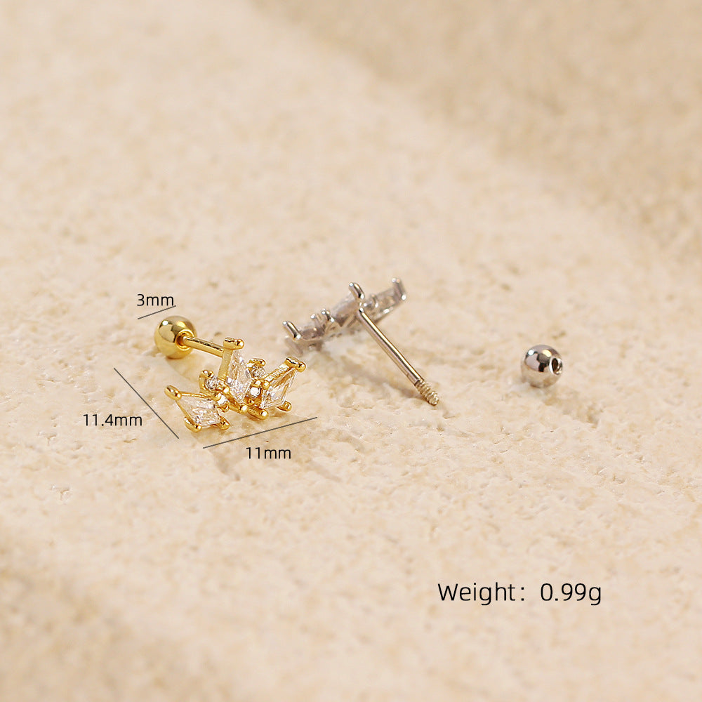 Women Elegant Geometry Rhombus CZ Crown 925 Sterling Silver Stud Earrings