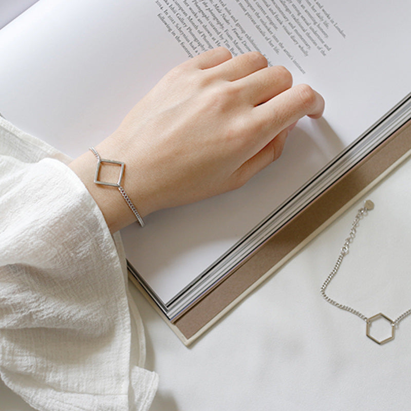 Simple Hollow Geometric Shape Solid 925 Sterling Silver Adjustable Bracelet