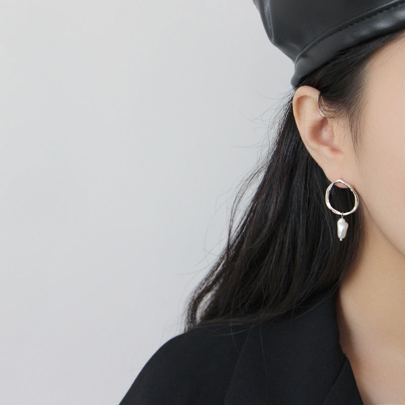 Elegant Irregular Natural Pearl Ring 925 Sterling Silver Dangling Earrings