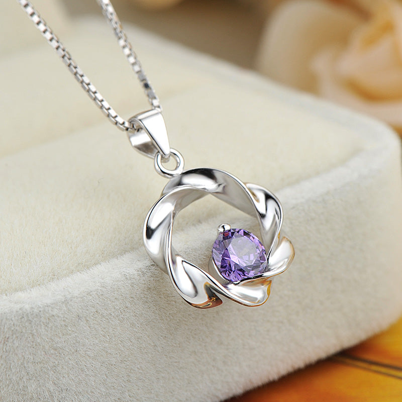 Circular Wave Twisted White/Purple CZ 925 Sterling Silver Pendant Women