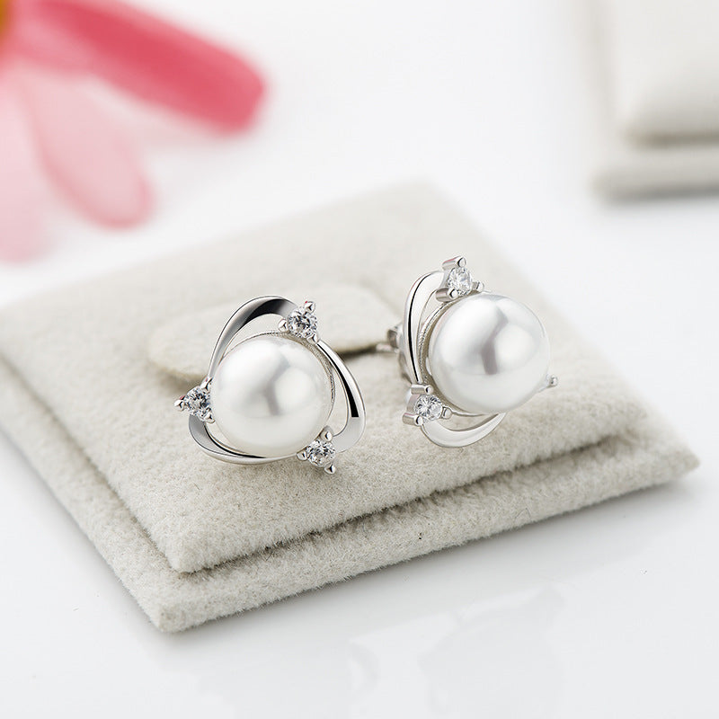 Triangle Round Shell Pearl Yellow Gold/White925 Sterling Silver Studs Earrings