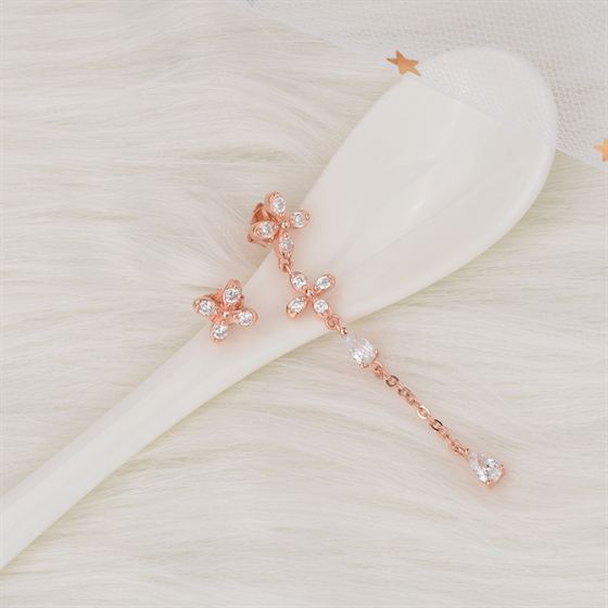 Asymmetry CZ Flowers 925 Sterling Silver Dangling Earrings