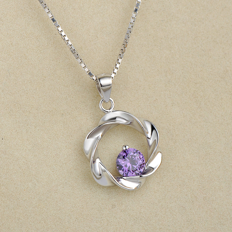 Circular Wave Twisted White/Purple CZ 925 Sterling Silver Pendant Women