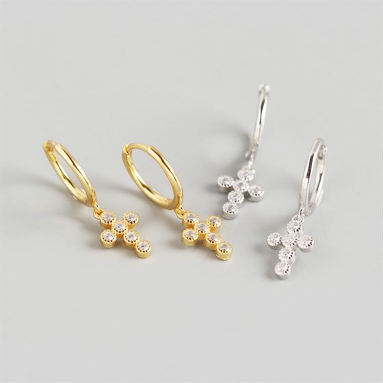 Geometry CZ Cross Tassel 925 Sterling Silver Hoop Earrings