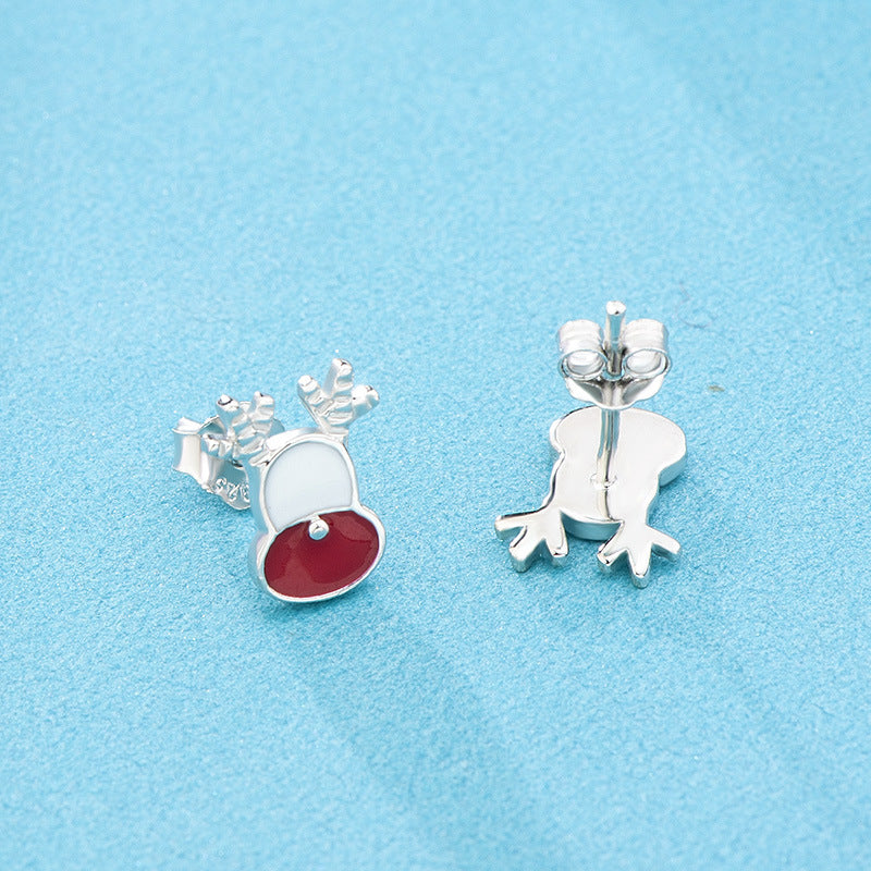 Cute CZ Enamel Christmas Elk Hat Fawn 925 Sterling Silver Studs Earrings