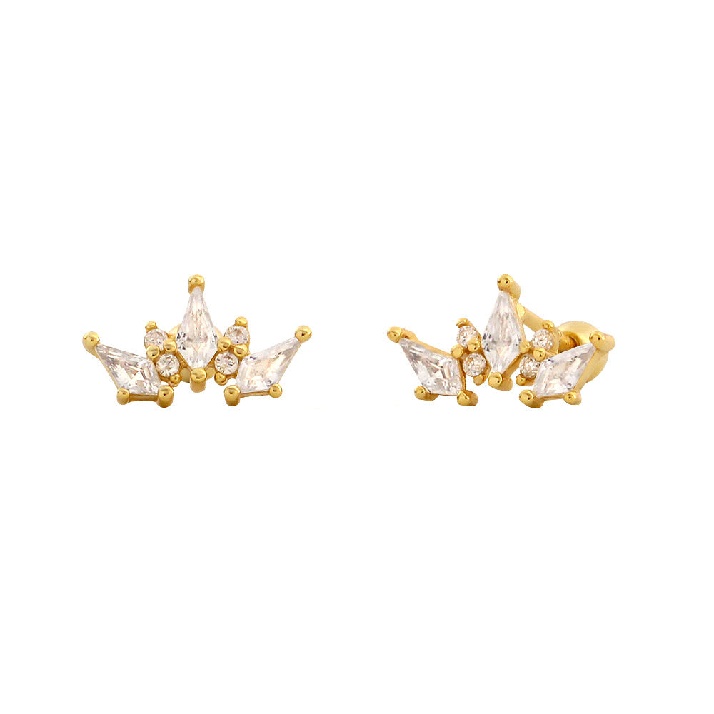 Women Elegant Geometry Rhombus CZ Crown 925 Sterling Silver Stud Earrings