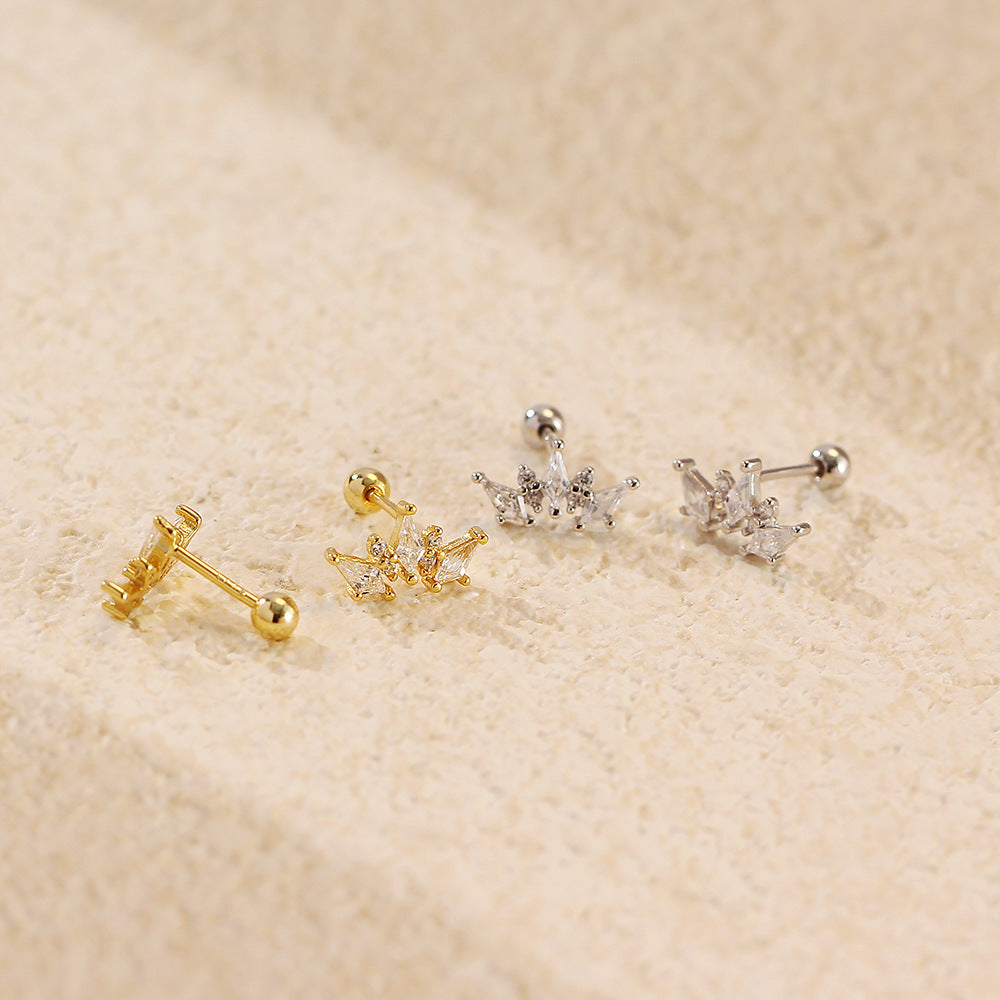 Women Elegant Geometry Rhombus CZ Crown 925 Sterling Silver Stud Earrings