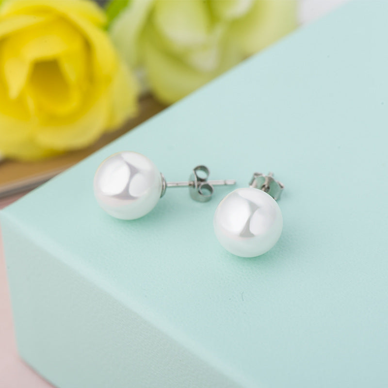 Fashion 925 Sterling Silver White Shell Pearl Concise Studs Earrings