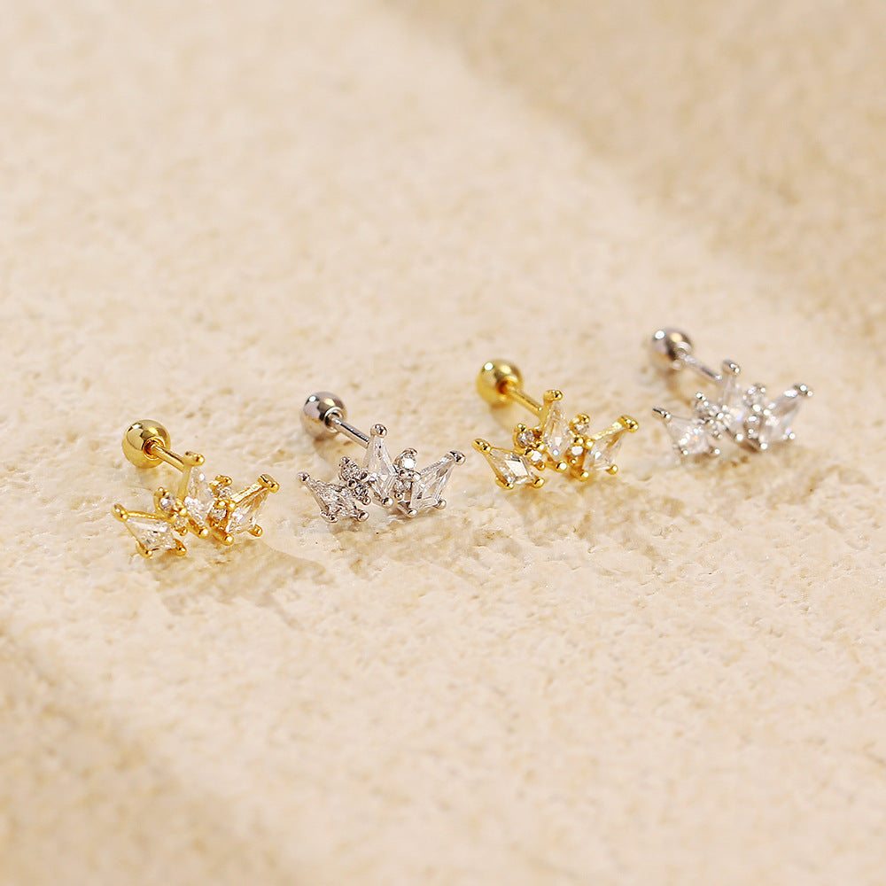 Women Elegant Geometry Rhombus CZ Crown 925 Sterling Silver Stud Earrings