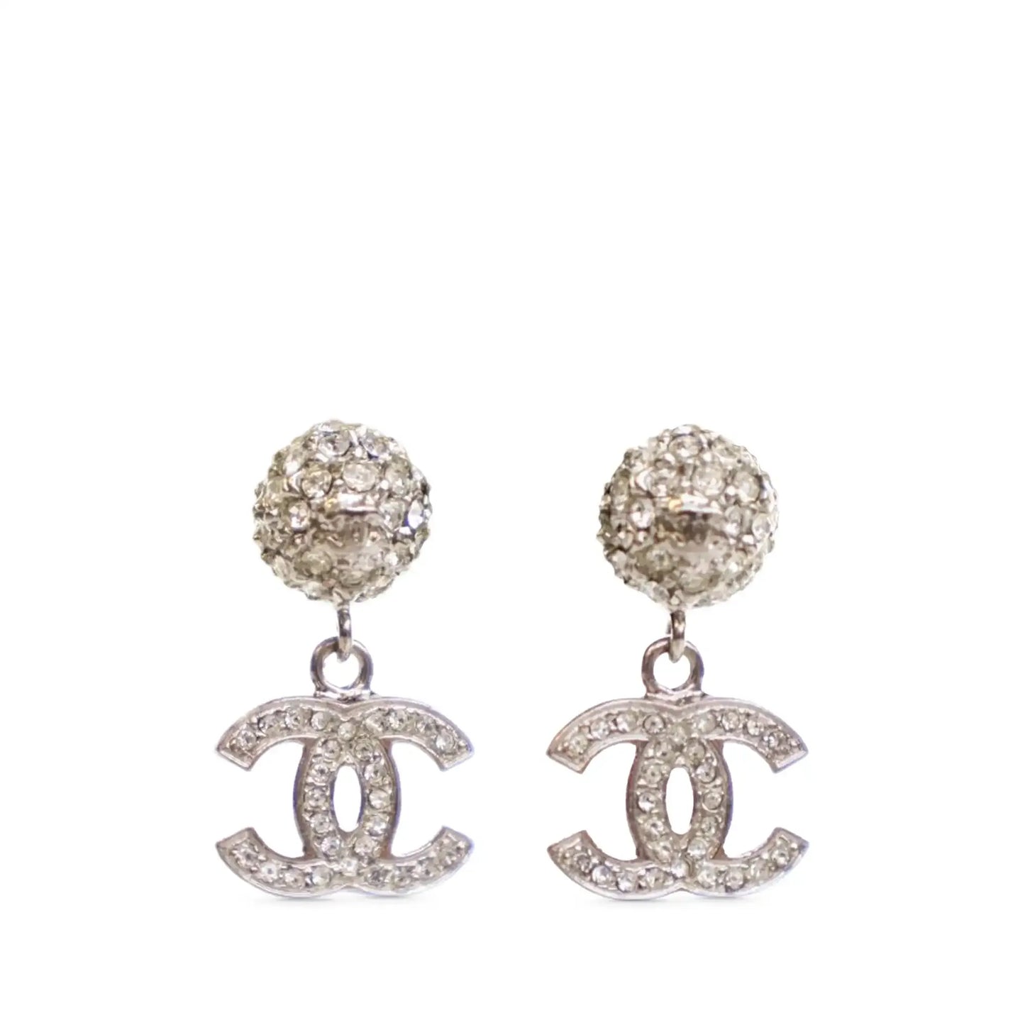 Chanel Silver Plated Crystal CC Drop Push Back Earrings