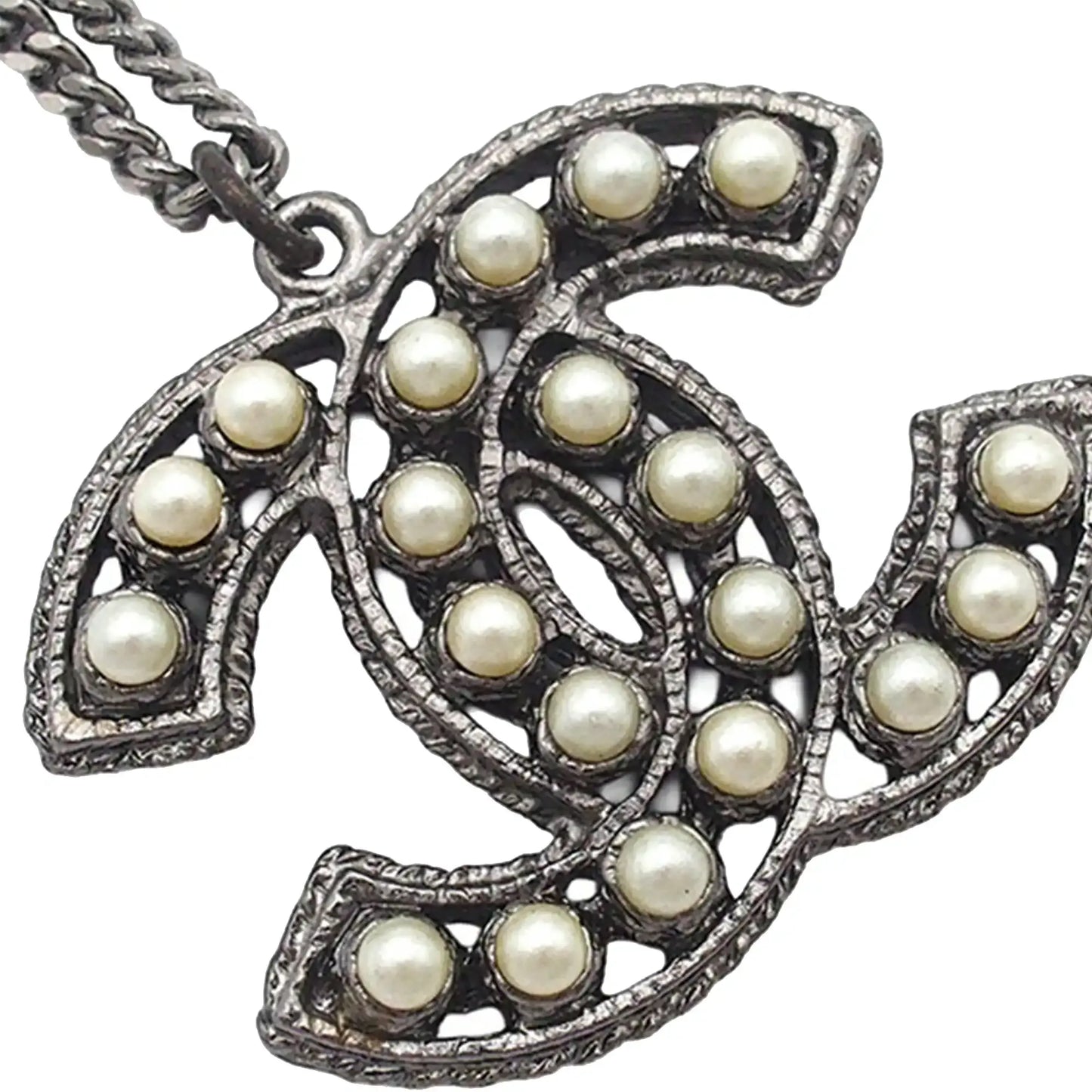 Chanel CC Silver Plated Faux Pearl Pendant Necklace