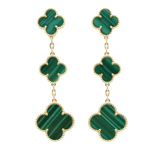 Van Cleef and Arpels 18K Yellow Gold and Malachite Magic Alhambra 3 Motif Earrings