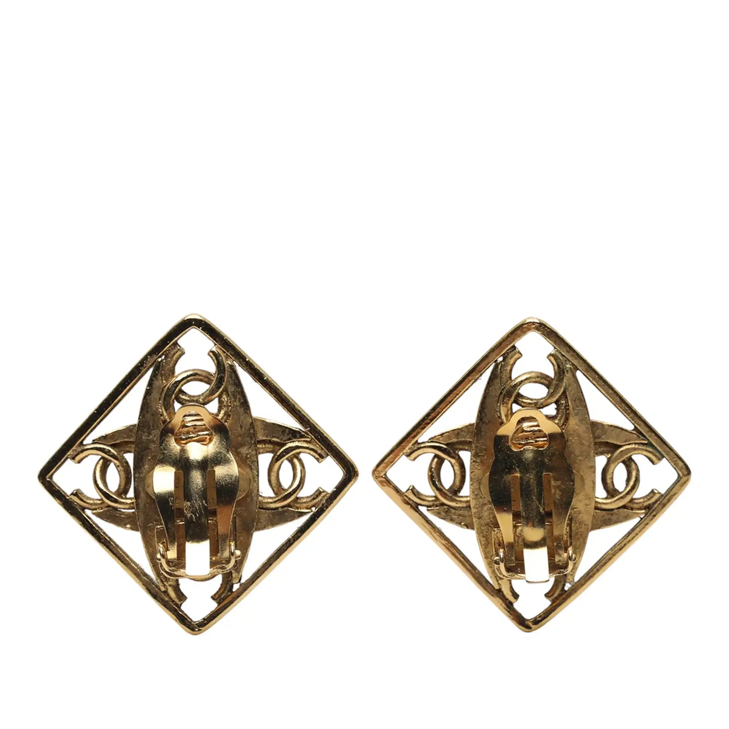 Chanel Gold Plated Faux Pearl CC Diamond Shaped Clip On Earrings