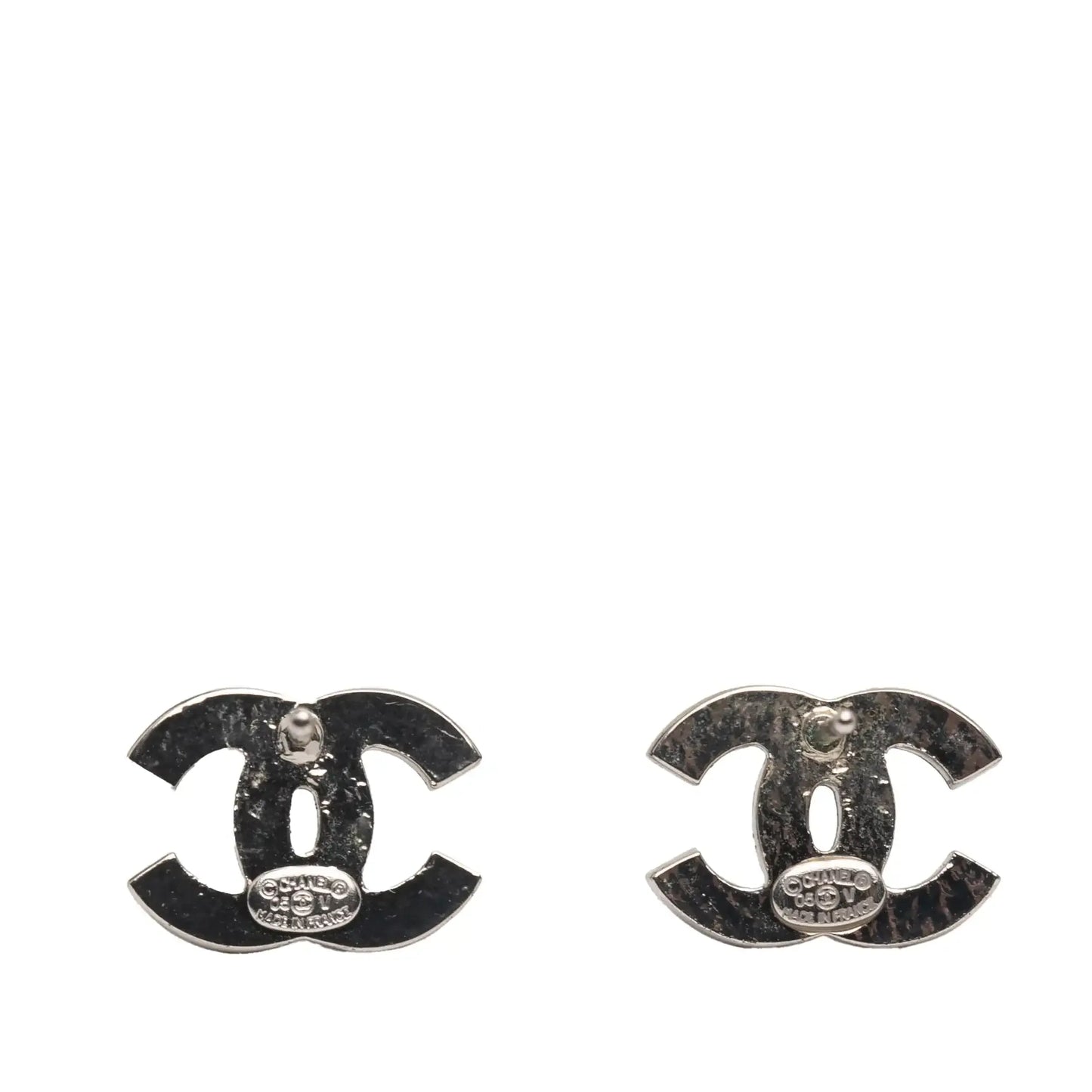Chanel Silver Plated CC Rhinestone Push Back Earrings