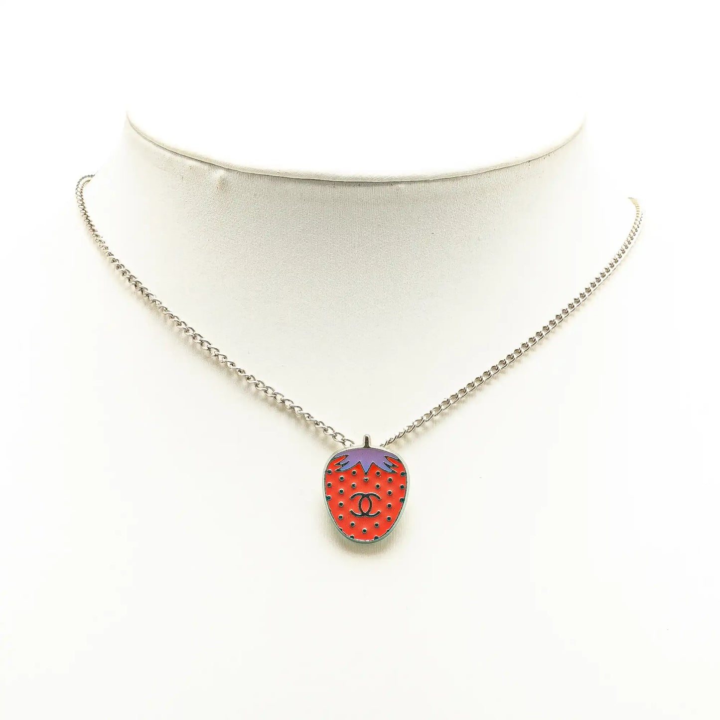 Chanel Silver Plated Enamel CC Strawberry Charm Pendant Necklace