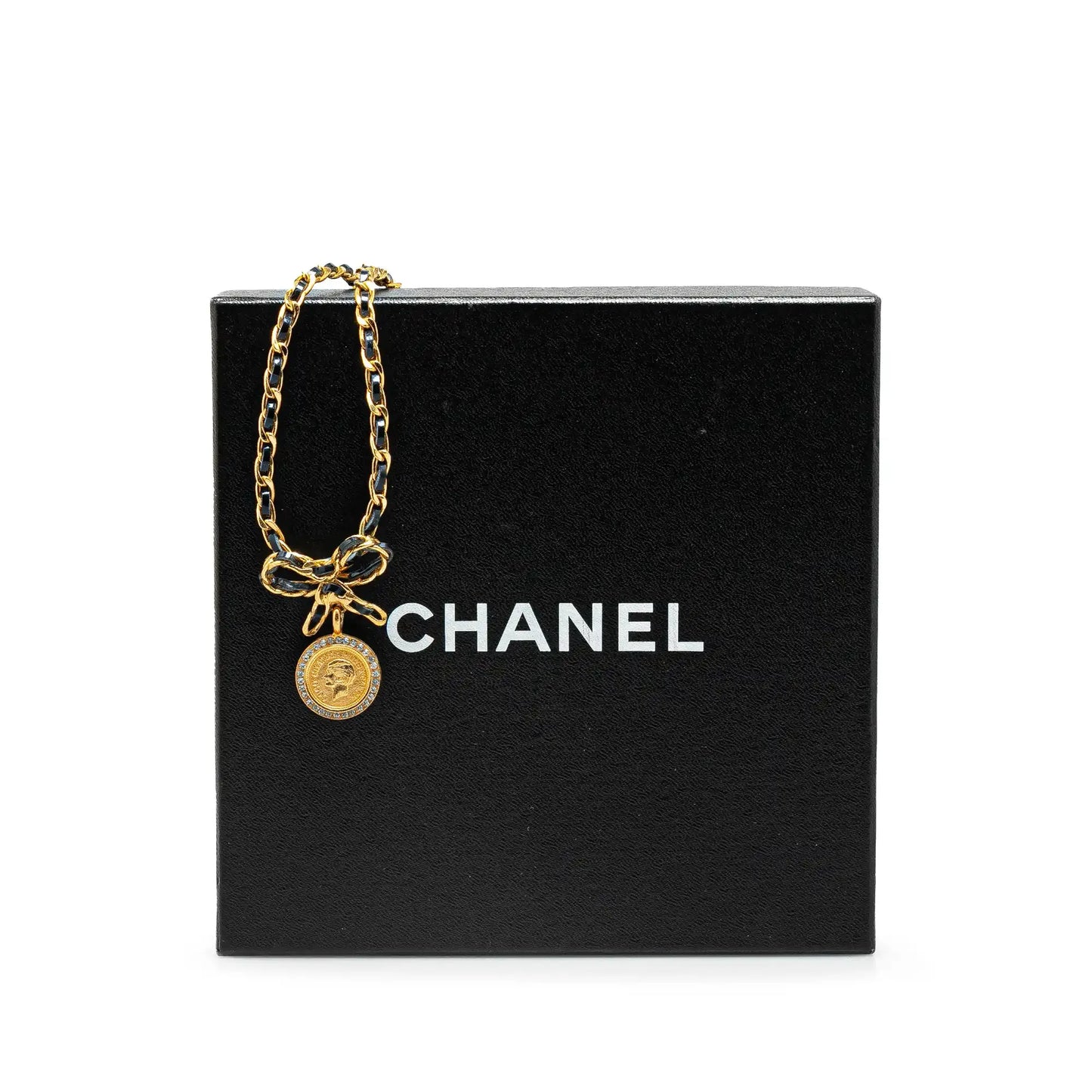 Chanel Leather and Gold Plated Medallion Bow Pendant Necklace