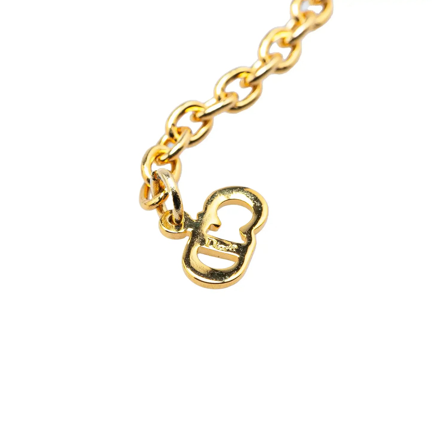 Dior Gold Plated Logo Rhinestone Pendant Necklace