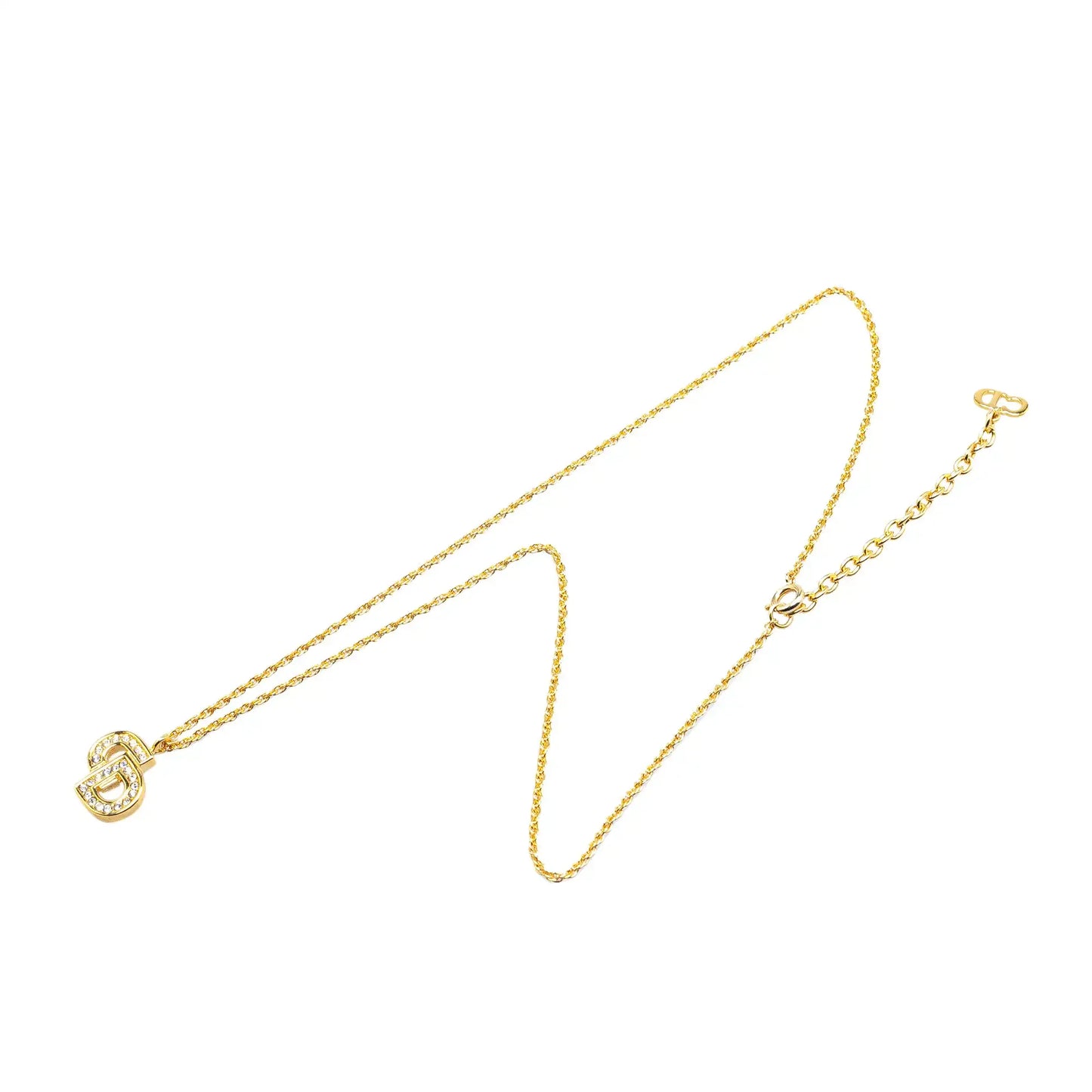 Dior Gold Plated Logo Rhinestone Pendant Necklace