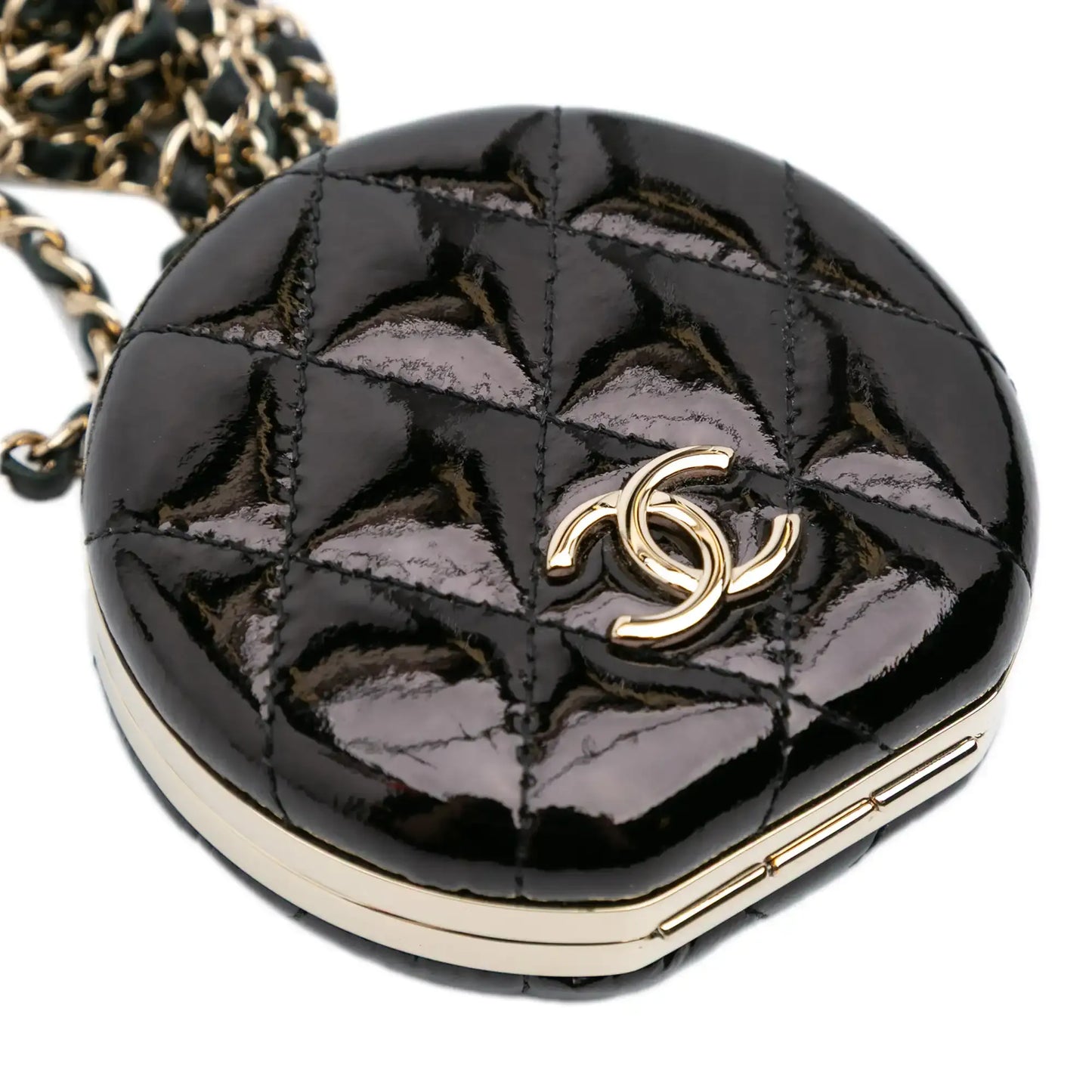 Chanel Quilted Patent Round Mirror Chain Necklace