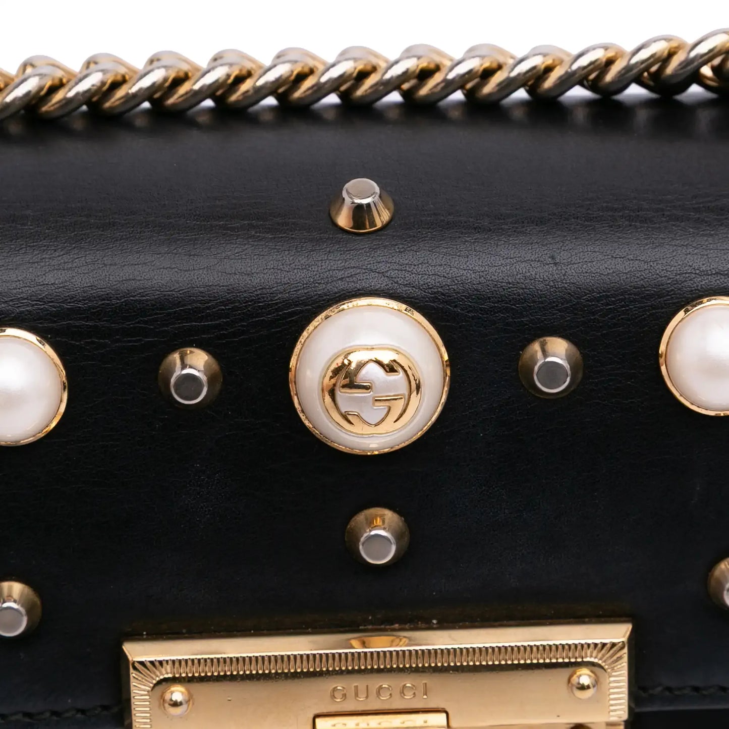 Gucci Small Pearl Studded Leather Padlock Crossbody