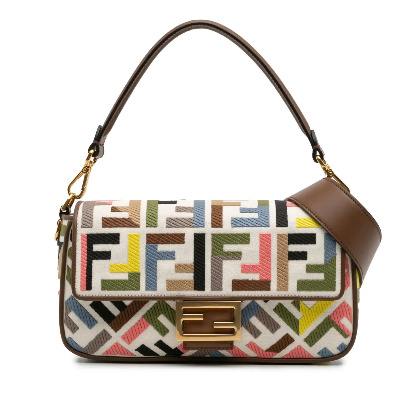 Fendi Zucca Canvas Embroidered Baguette Satchel