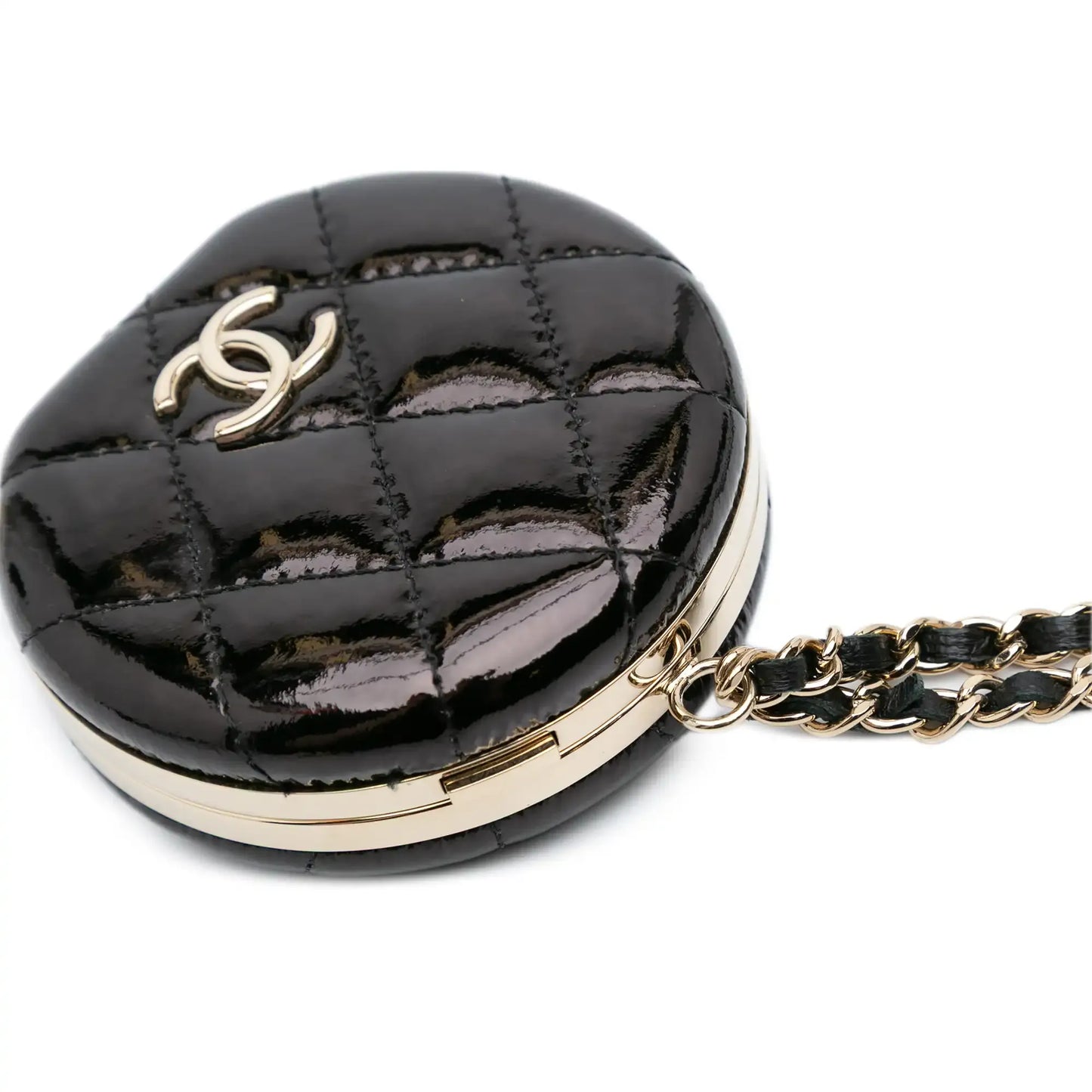 Chanel Quilted Patent Round Mirror Chain Necklace
