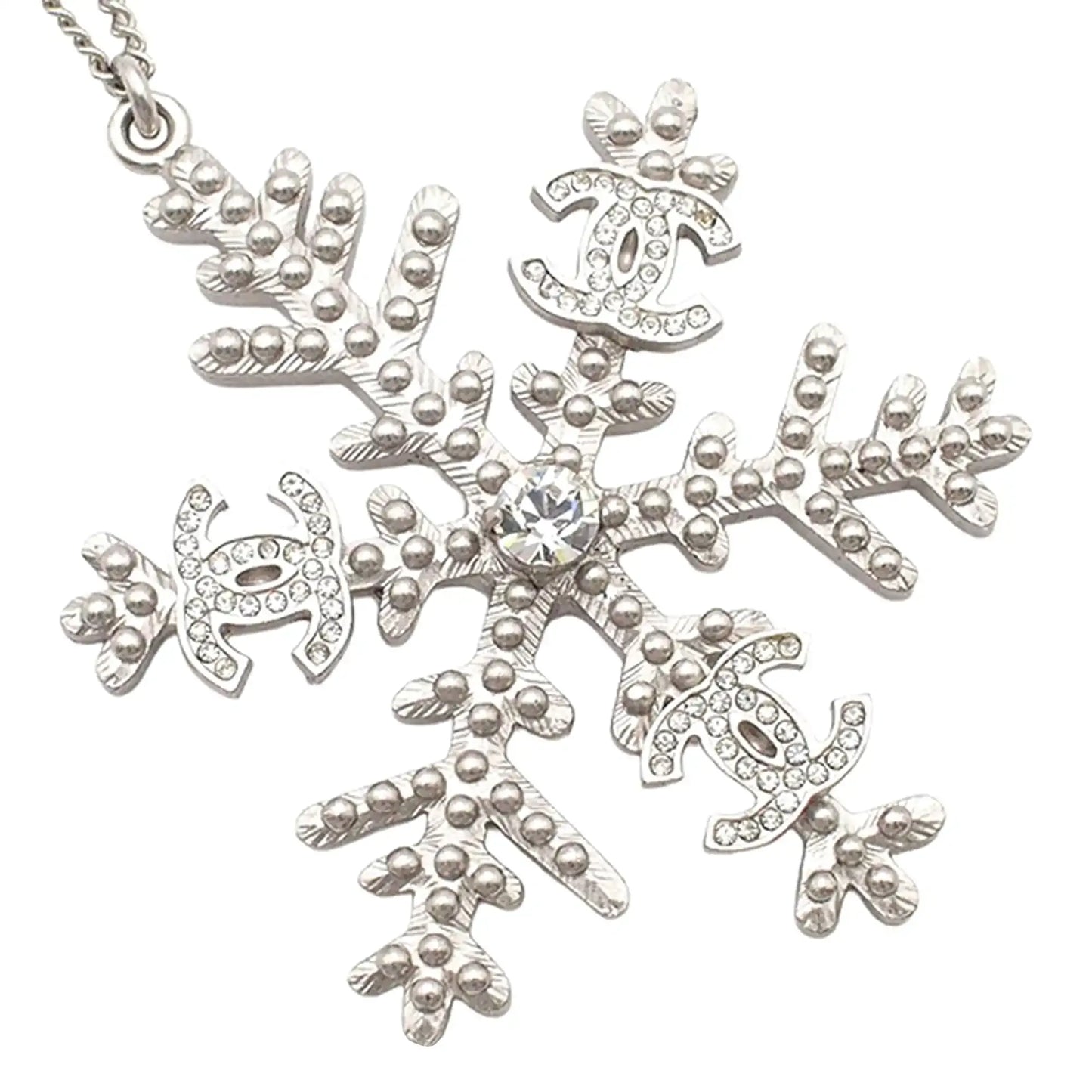 Chanel Silver Plated CC Rhinestone Snowflake Pendant Necklace
