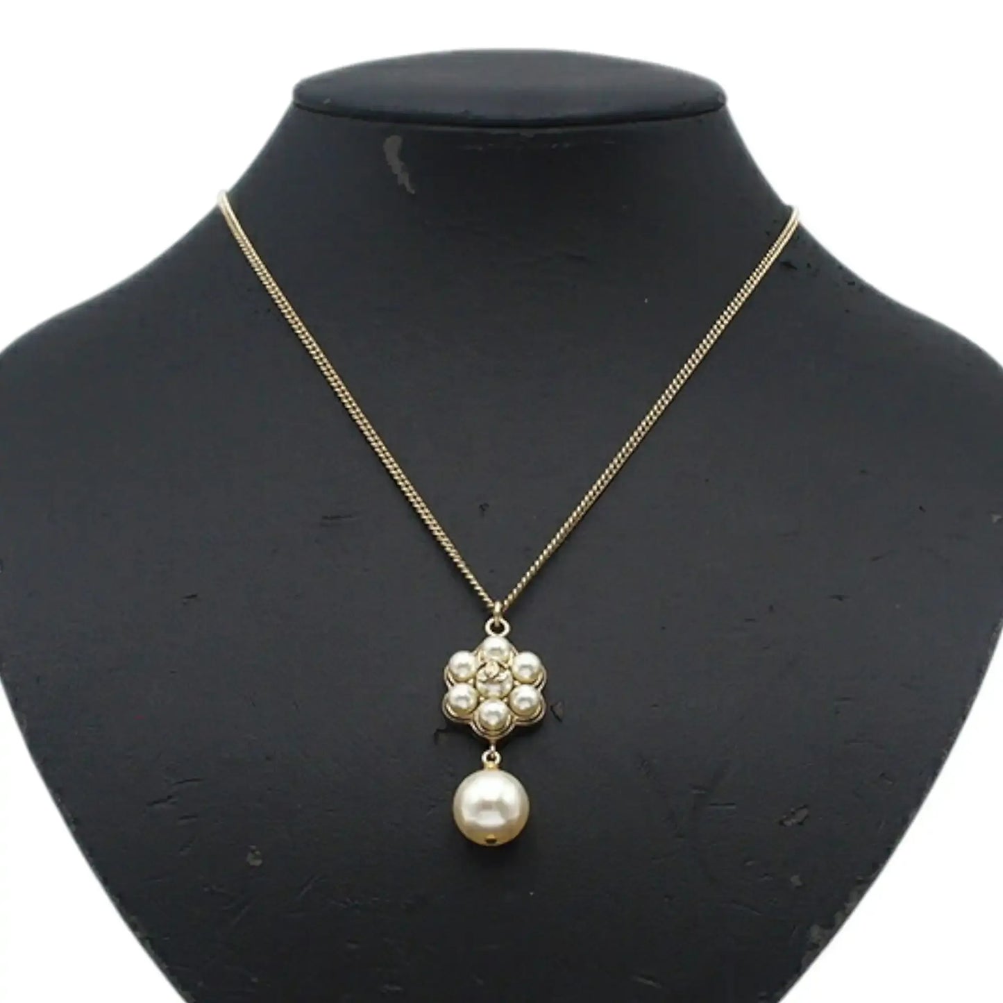 Chanel Gold Plated CC Faux Pearl Flower Drop Pendant Necklace