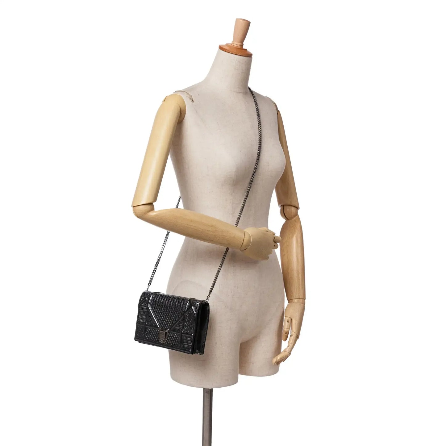 Dior Metallic Patent Microcannage Diorama Wallet on Chain