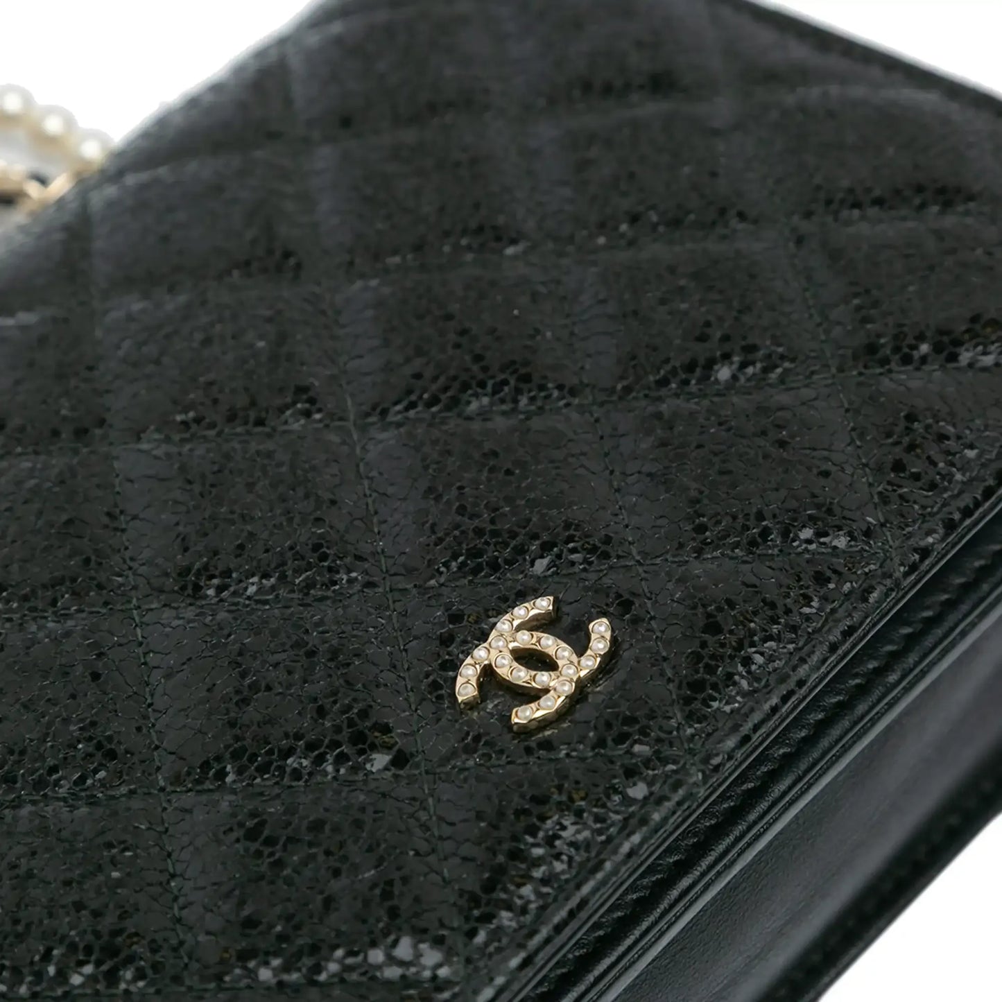 Chanel Quilted Crackled Patent Calfskin Pearl Wallet On Chain