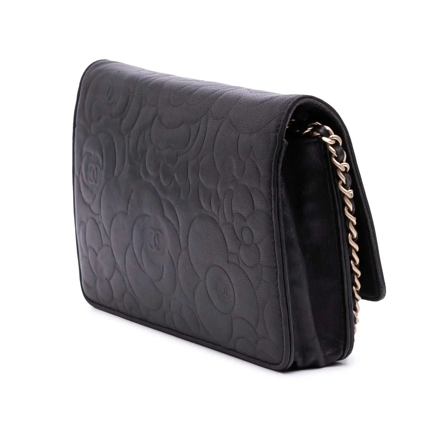 Chanel Lambskin Camellia Embossed Wallet On Chain