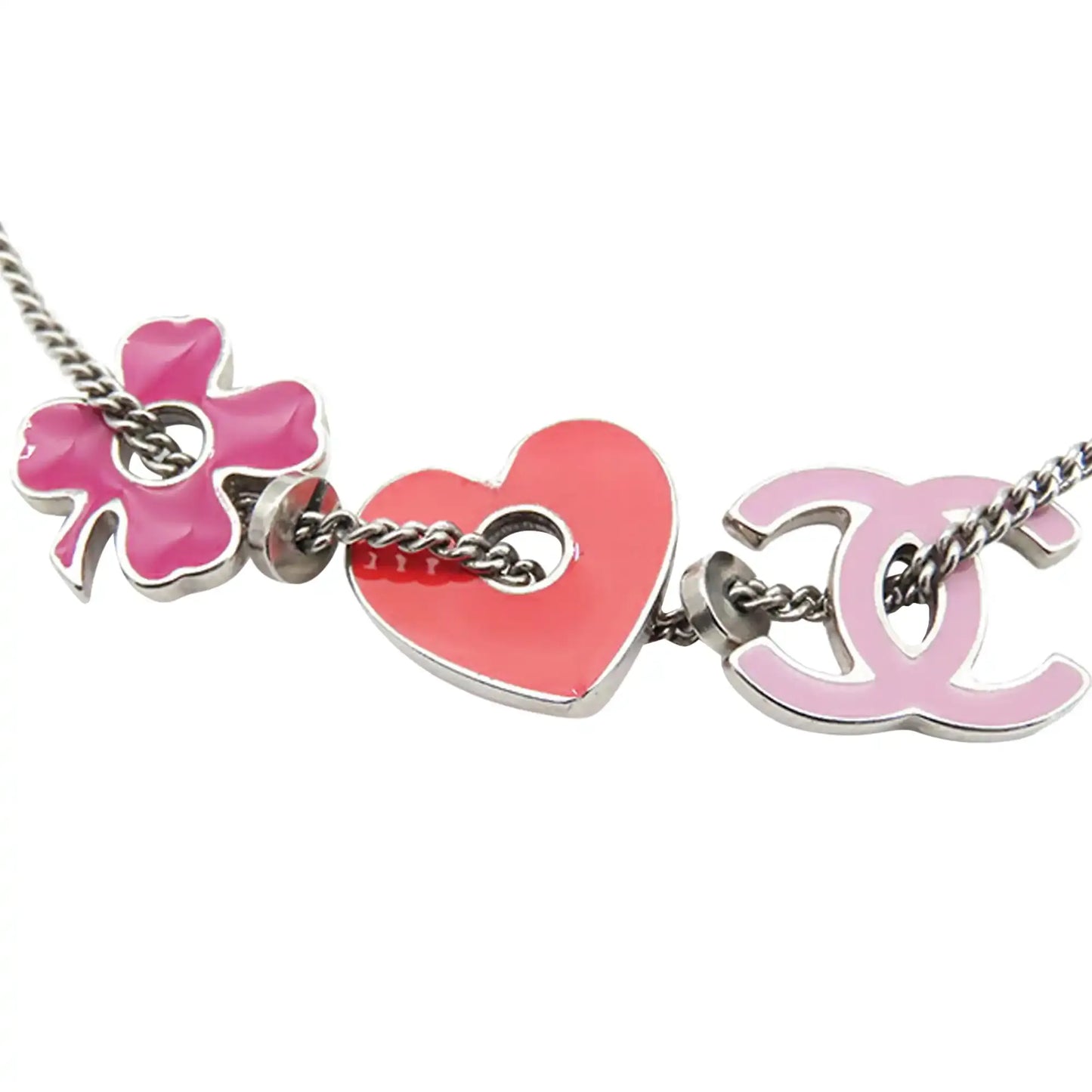 Chanel CC Silver Plated Enamel Heart and Clover Charm Pendant Necklace