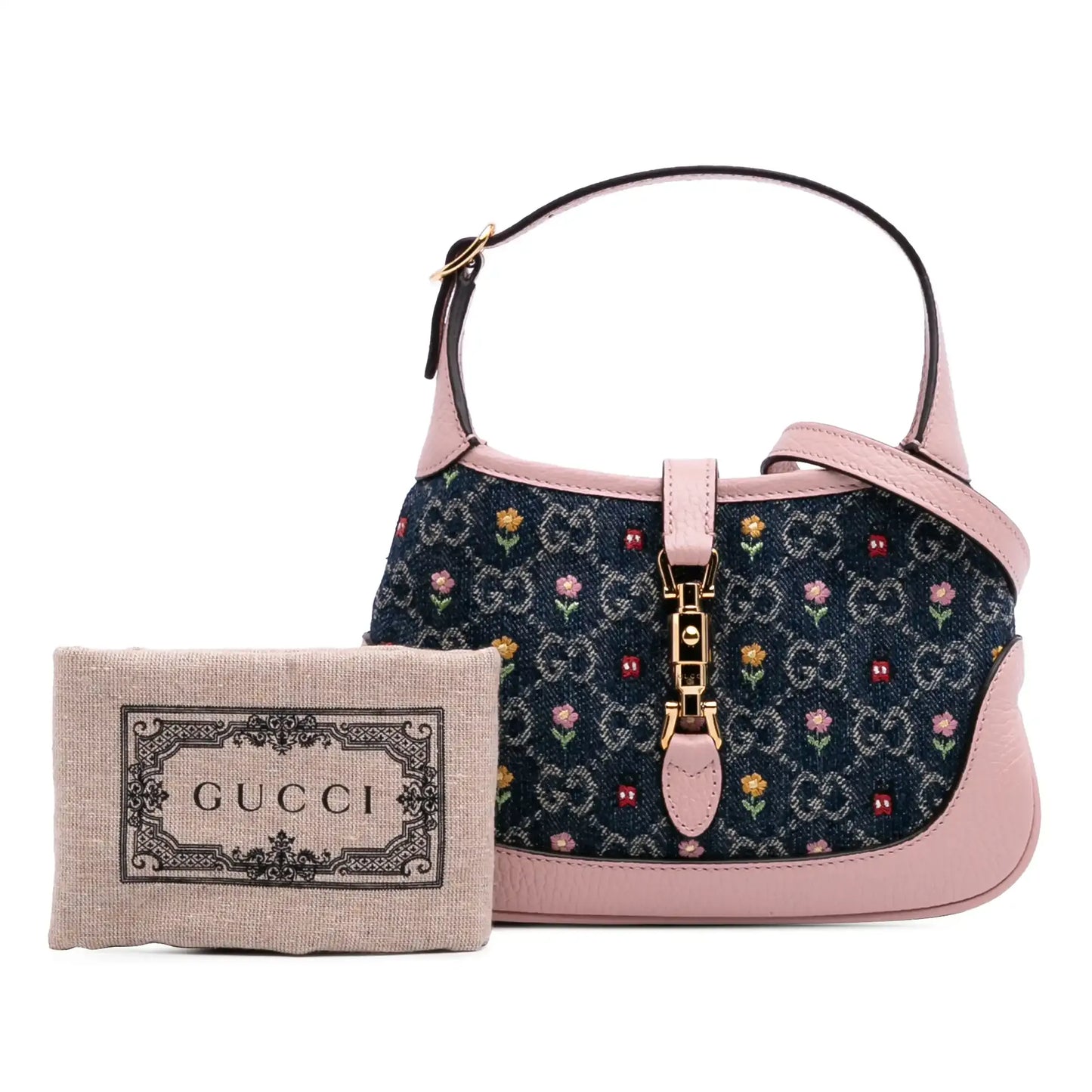 Gucci Limited Edition Mini GG Embroidered Denim Floral Jackie 1961 Crossbody
