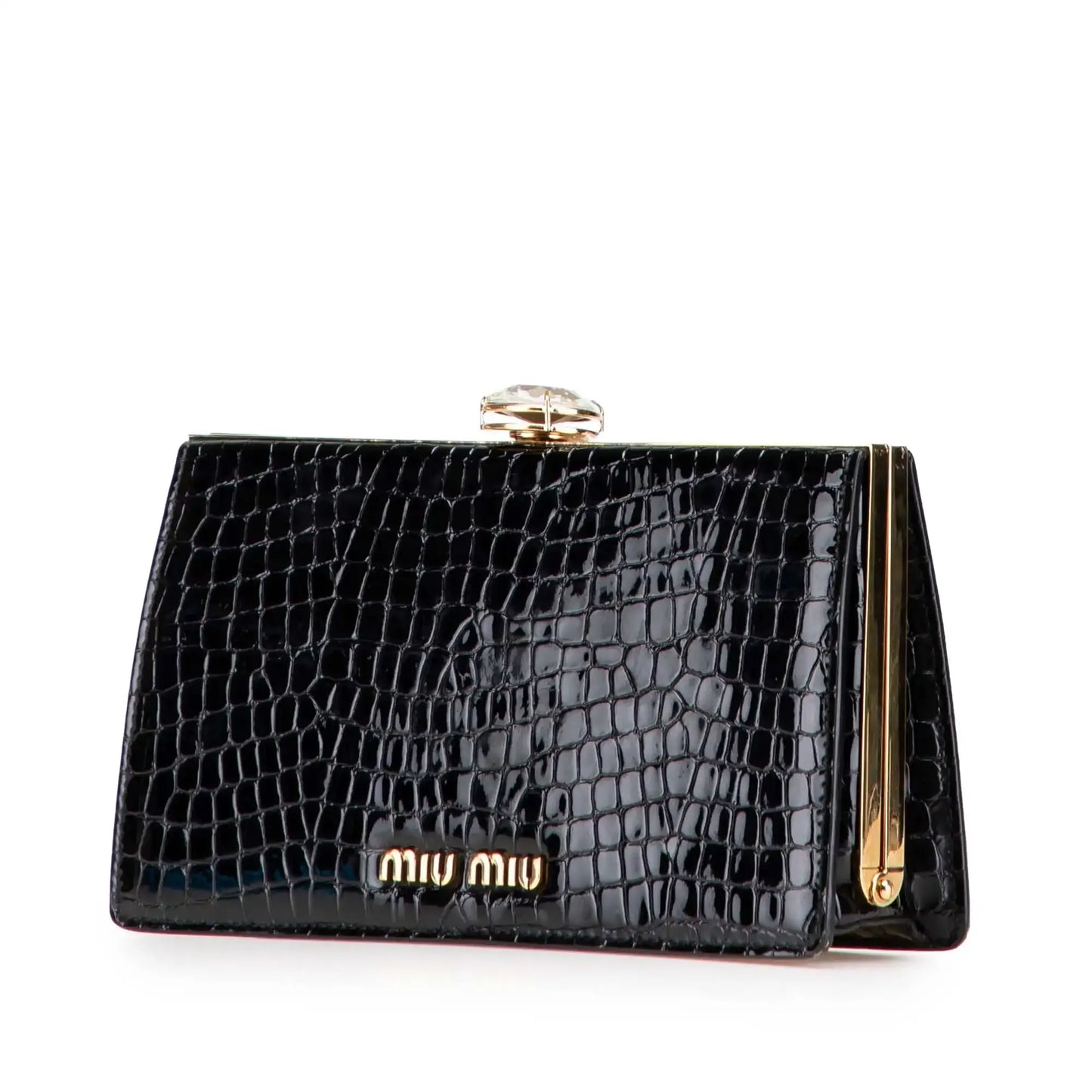 Miu Miu Croc Embossed Leather Crystal Embellished Solitaire Clutch