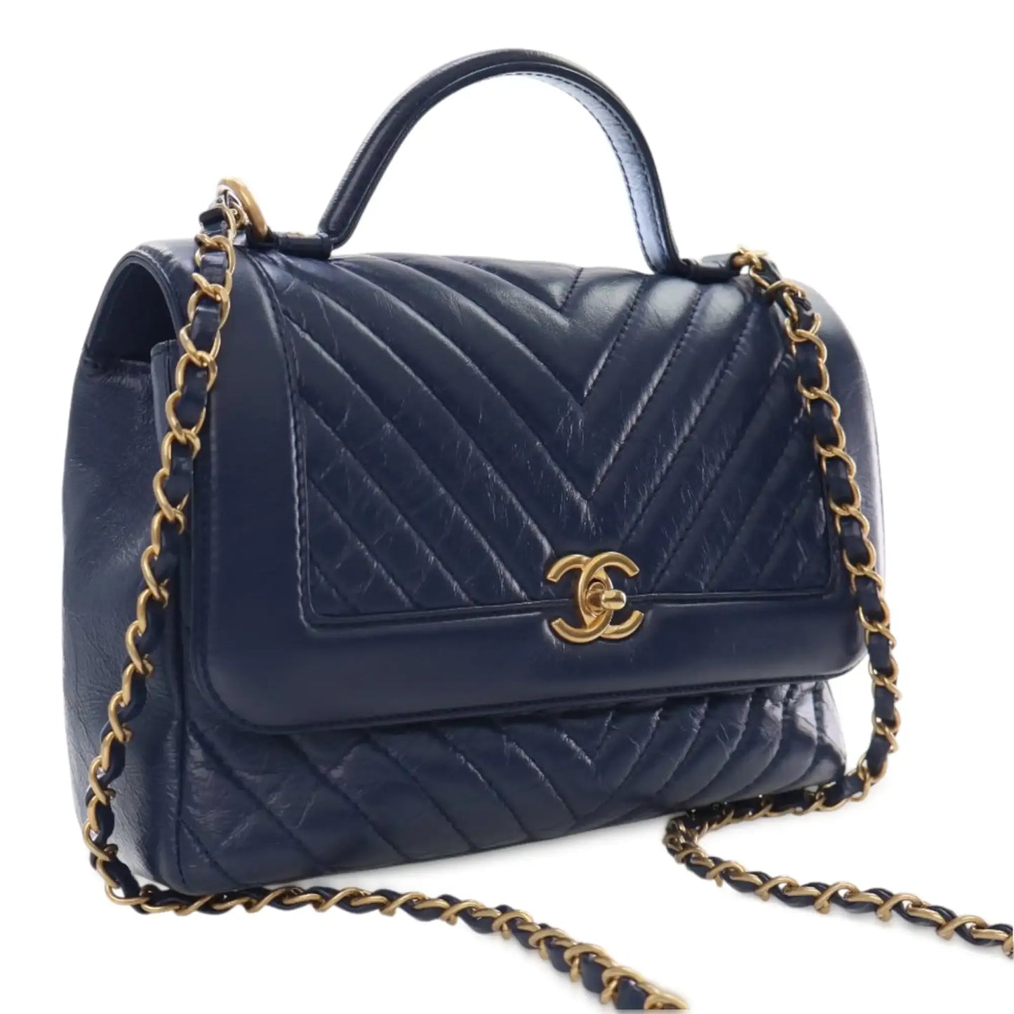Chanel CC Chevron Aged Calfskin Top Handle Flap