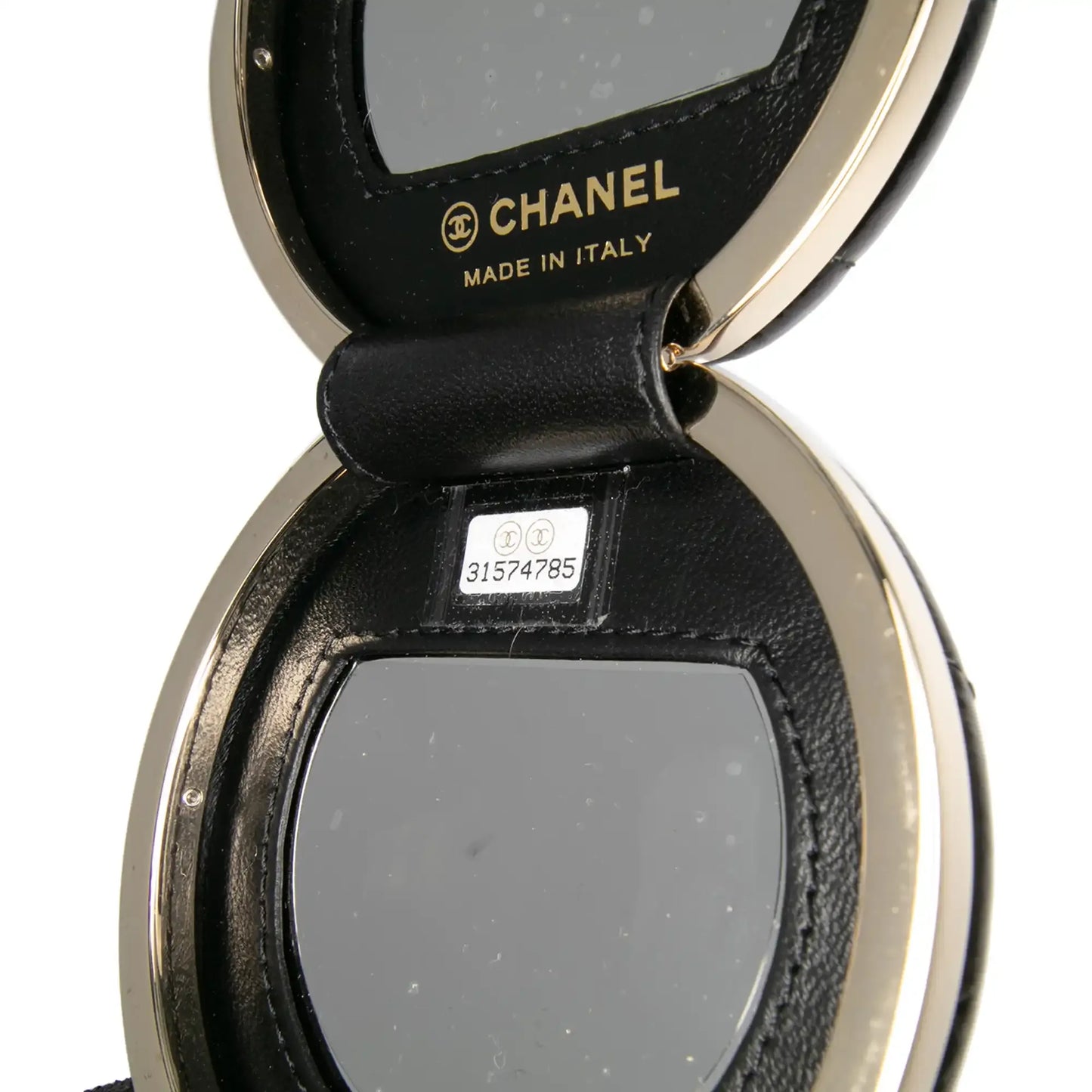 Chanel Quilted Patent Round Mirror Chain Necklace
