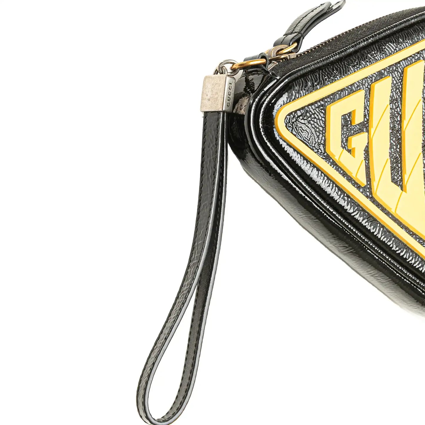Gucci Patent and Rubber Game Patch Logo Wristlet Bag