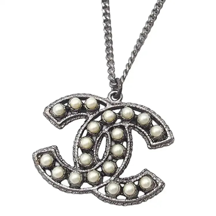 Chanel CC Silver Plated Faux Pearl Pendant Necklace