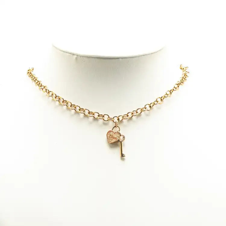 Dior Gold Plated Heart Padlock and Key Pendant Necklace