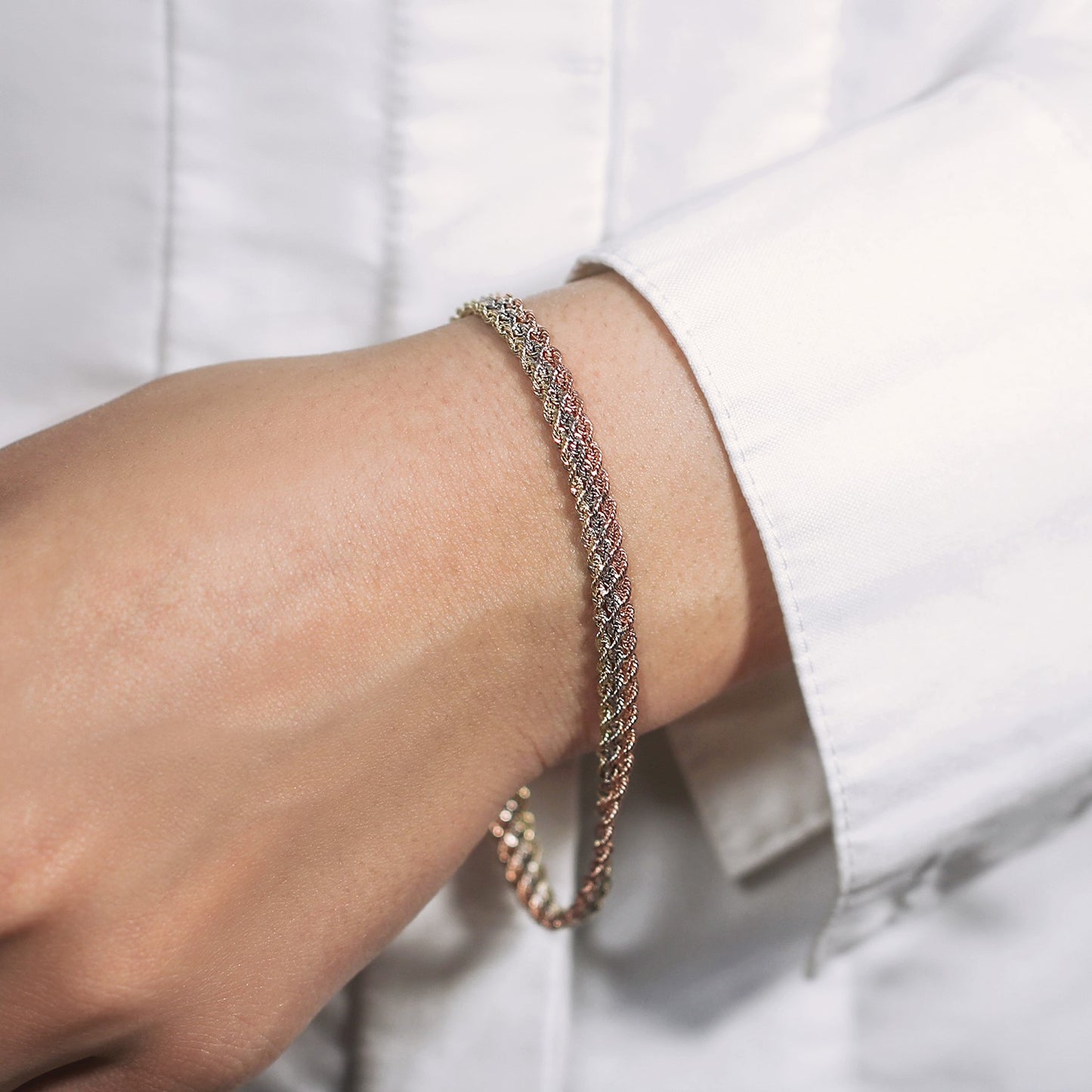 Tri-Toned Multi-Strand Rope Chain Bracelet in 10k Yellow White and Rose Gold