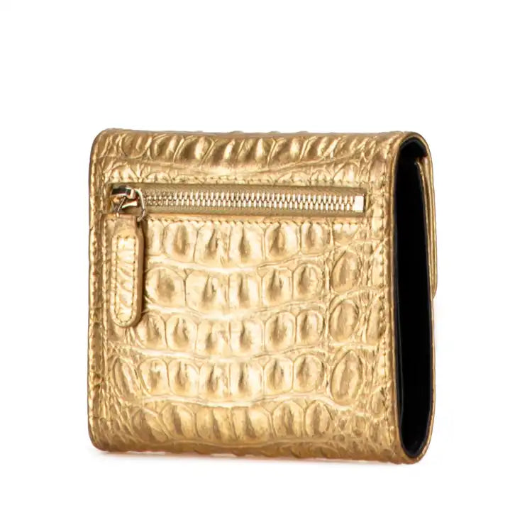 Chanel CC Metallic Calfskin Crocodile Embossed Compact Flap Wallet